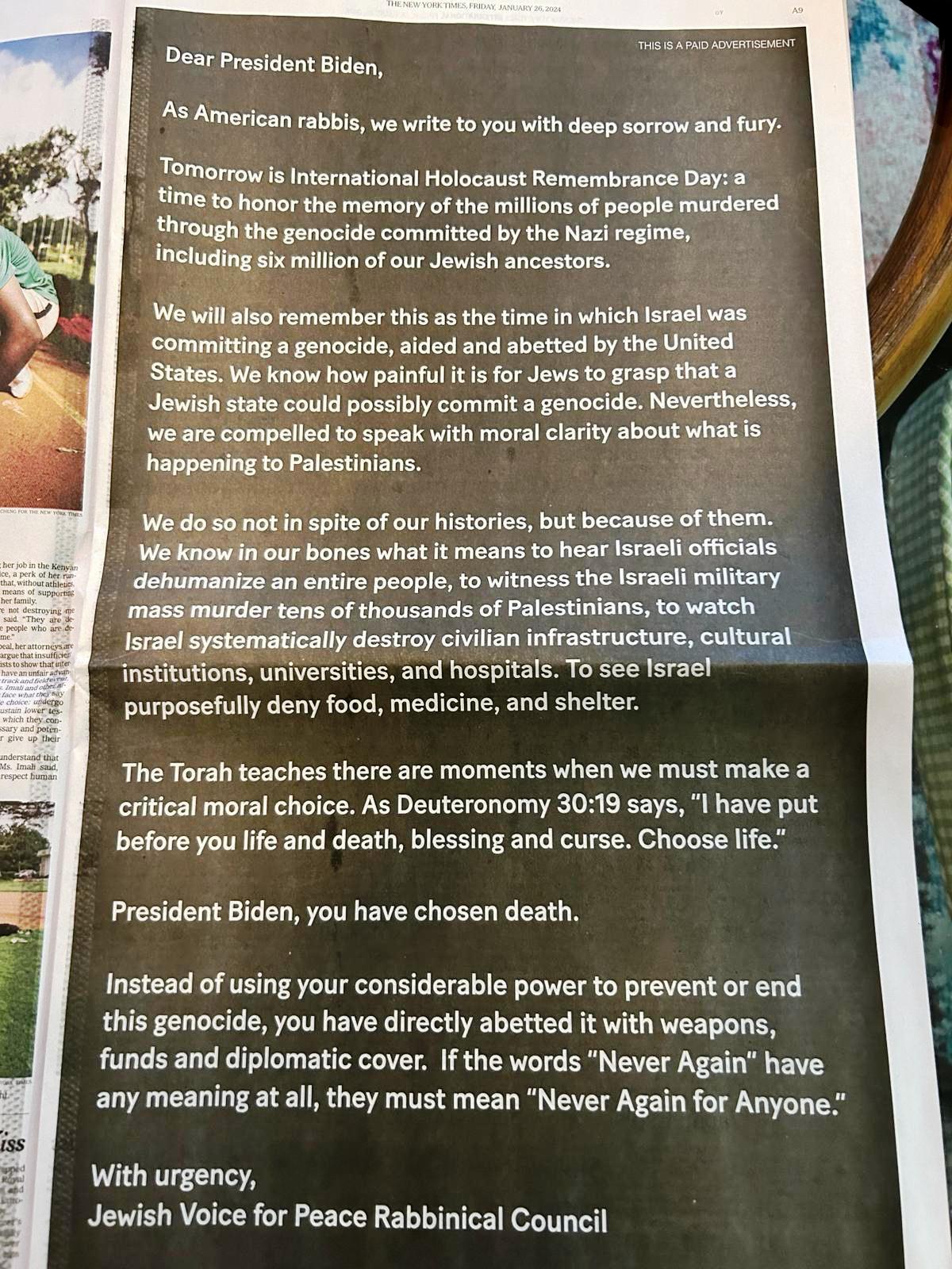 Paid advert in New York Times Jan 2024, page 1